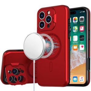 For iPhone 16 Pro Max 6.9 inch Magnetic Ring Circle Camera Cap KickStand Hybrid UV Paint Matte Finish Case - Red