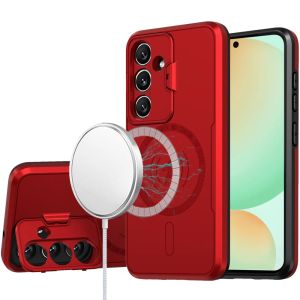 For Samsung S24 FE Magnetic Ring Circle Camera Cap KickStand Hybrid UV Paint Matte Finish Case - Red