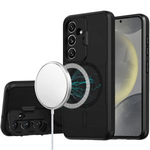 For Samsung s25/s24 Magnetic Ring Circle Camera Cap KickStand Hybrid UV Paint Matte Finish Case - Black