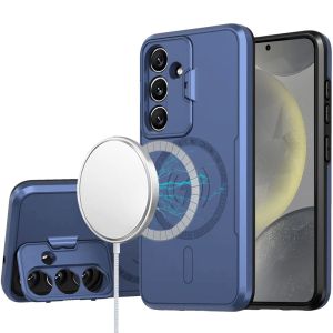 For Samsung S25 Magnetic Ring Circle Camera Cap KickStand Hybrid UV Paint Matte Finish Case - Blue