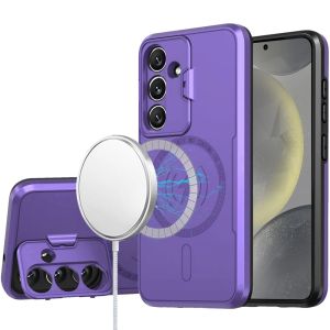 For Samsung S25 Magnetic Ring Circle Camera Cap KickStand Hybrid UV Paint Matte Finish Case - Purple
