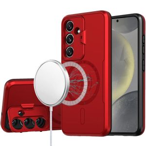 For Samsung S25 Magnetic Ring Circle Camera Cap KickStand Hybrid UV Paint Matte Finish Case - Red