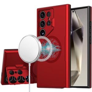 For Samsung s25 Ultra Magnetic Ring Circle Camera Cap KickStand Hybrid UV Paint Matte Finish Case - Red
