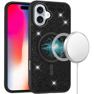 For iPhone 16 6.1 inch Diamond [Magnetic Circle] with CD Pattern Hybrid - Black
