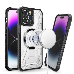 For Apple iPhone 14 PRO MAX 6.7" [Magnetic Circle] CD Pattern Transparent Rugged Hybrid - Black