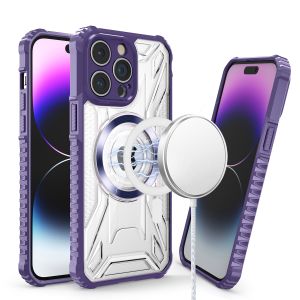 For Apple iPhone 14 PRO MAX 6.7" [Magnetic Circle] CD Pattern Transparent Rugged Hybrid - Purple