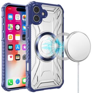 For iPhone 16 6.1 inch [Magnetic Circle] CD Pattern Transparent Rugged Hybrid - Dark Blue