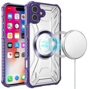 For iPhone 16 6.1 inch [Magnetic Circle] CD Pattern Transparent Rugged Hybrid - Purple