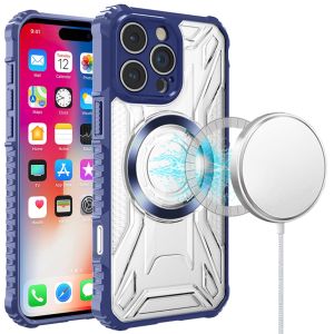 For iPhone 16 Pro 6.3 inch [Magnetic Circle] CD Pattern Transparent Rugged Hybrid - Dark Blue