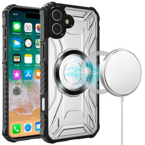 For iPhone 16 Plus 6.7 inch [Magnetic Circle] CD Pattern Transparent Rugged Hybrid - Black