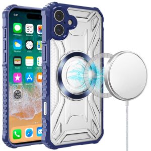 For iPhone 16 Plus 6.7 inch [Magnetic Circle] CD Pattern Transparent Rugged Hybrid - Dark Blue
