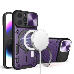 For iP15 Pro Max Magnetic Ring Stand Classic Design FULL Camera Protection Hybrid Case - Dark Purple