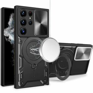 For Samsung Galaxy S22 Ultra Magnetic Ring Stand Classic Design FULL Camera Protection Hybrid Case - Black