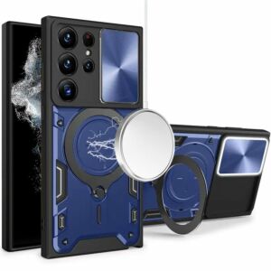 For Samsung Galaxy S22 Ultra Magnetic Ring Stand Classic Design FULL Camera Protection Hybrid Case - Blue