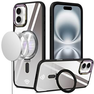 For iPhone 16 6.1 inch Dazzle [Magnetic Circle] Kickstand Alloy Chrome Transparent Hybrid - Black