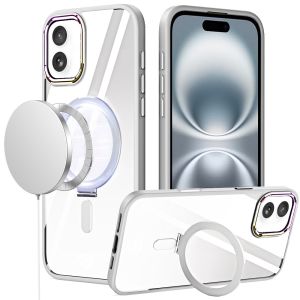 For iPhone 16 6.1 inch Dazzle Magnetic Ring Stand Alloy Chrome Transparent Hybrid Case Cover - Clear