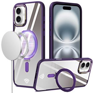 For iPhone 16 6.1 inch Dazzle Magnetic Ring Stand Alloy Chrome Transparent Hybrid Case Cover - Dark Purple