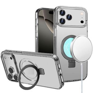 For iPhone 17 Pro Max Dotted Edged Line Transparent HQ Magnetic Ring Stand Hybrid - Black