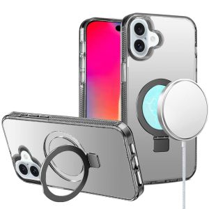 For iPhone 16 6.1 inch Dotted Edged Line Transparent HQ Magnetic Ring Stand Hybrid - Black