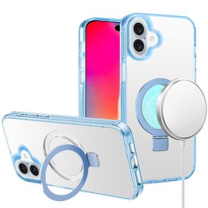 For iPhone 16 6.1 inch Dotted Edged Line Transparent HQ Magnetic Ring Stand Hybrid - Light Blue