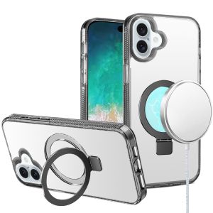 For iPhone 16 Plus 6.7 inch Dotted Edged Line Transparent HQ Magnetic Ring Stand Hybrid - Black