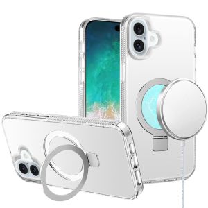 For iPhone 16 Plus 6.7 inch Dotted Edged Line Transparent HQ Magnetic Ring Stand Hybrid - Clear