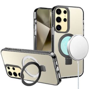 For Samsung Galaxy s24 Plus Dotted Edged Line Transparent HQ Magnetic Ring Stand Hybrid - Black