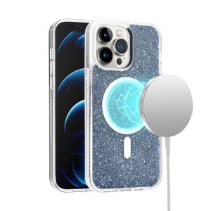 For iPhone 15 Pro Epoxy Glitter [Magnetic Circle] ShockProof Hybrid 2.5mm Thick - Black