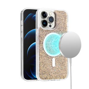 For iPhone 15 Pro Epoxy Glitter [Magnetic Circle] ShockProof Hybrid 2.5mm Thick - Gold