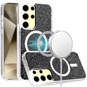 For Samsung Galaxy s24 Plus Epoxy Glitter [Magnetic Circle] ShockProof Hybrid 2.5mm Thick - Black