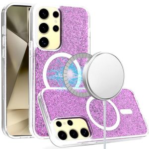 For Samsung Galaxy s24 Epoxy Glitter [Magnetic Circle] ShockProof Hybrid 2.5mm Thick - Hot Pink