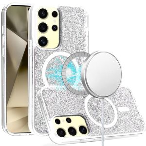 For Samsung Galaxy s24 Epoxy Glitter [Magnetic Circle] ShockProof Hybrid 2.5mm Thick - Silver
