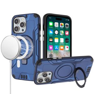 For iPhone 15 Magnetic Circle Kickstand Exclusive Brushed Hybrid - Blue