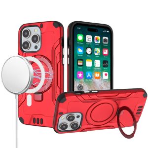 For iPhone 15 Magnetic Circle Kickstand Exclusive Brushed Hybrid - Red