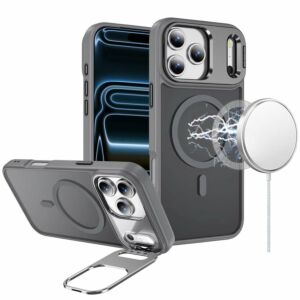 For Apple iPhone 18 Pro Fearless Tough HQ Metallic Hybrid with Camera Ring Stand [Magnetic Circle] Case - Gray