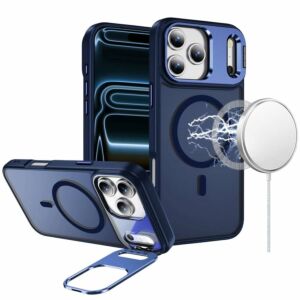 For Apple iPhone 18 Pro Fearless Tough HQ Metallic Hybrid with Camera Ring Stand [Magnetic Circle] Case - Navy Blue