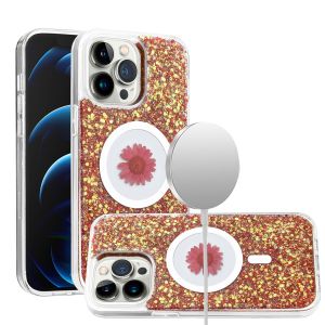 For iPhone 11 (XI6.1) Magnetic Ring Circle Real Flower Epoxy Glitter Hybrid Case Cover - Red