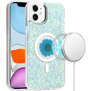 For iPhone 11 Magnetic Ring Circle Real Flower Epoxy Glitter Hybrid - Light Blue
