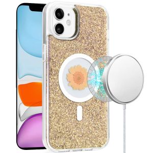 For iPhone 11 Magnetic Ring Circle Real Flower Epoxy Glitter Hybrid - Gold