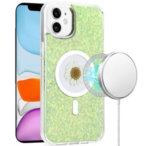 For iPhone 11 Magnetic Ring Circle Real Flower Epoxy Glitter Hybrid - Green