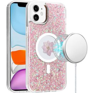 For iPhone 11 Magnetic Ring Circle Real Flower Epoxy Glitter Hybrid - Rose Gold