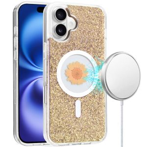 For iPhone 16 6.1 inch Magnetic Ring Circle Real Flower Epoxy Glitter Hybrid Case Cover - Gold