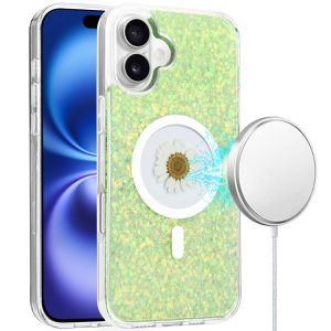 For iPhone 16 6.1 inch Magnetic Ring Circle Real Flower Epoxy Glitter Hybrid Case Cover - Green