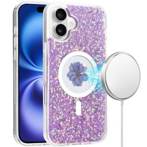 For iPhone 16 6.1 inch Magnetic Ring Circle Real Flower Epoxy Glitter Hybrid Case Cover - Light Purple