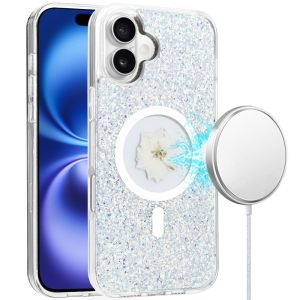 For iPhone 16 6.1 inch Magnetic Ring Circle Real Flower Epoxy Glitter Hybrid Case Cover - Silver