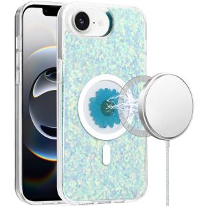 For iPhone 16E (E edition) / SE4 (2025) Magnetic Ring Circle Real Flower Epoxy Glitter Hybrid - Blue