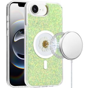 For iPhone 16E (E edition) / SE4 (2025) Magnetic Ring Circle Real Flower Epoxy Glitter Hybrid - Green