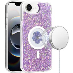 For iPhone 16E (E edition) / SE4 (2025) Magnetic Ring Circle Real Flower Epoxy Glitter Hybrid - Light Purple