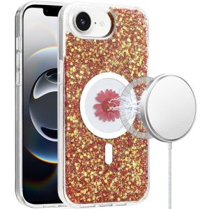For iPhone 16E (E edition) / SE4 (2025) Magnetic Ring Circle Real Flower Epoxy Glitter Hybrid - Red
