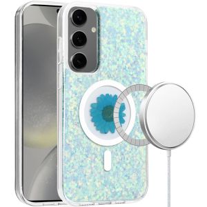 For Samsung Galaxy s24 Magnetic Ring Circle Real Flower Epoxy Glitter Hybrid Case Cover - Light Blue